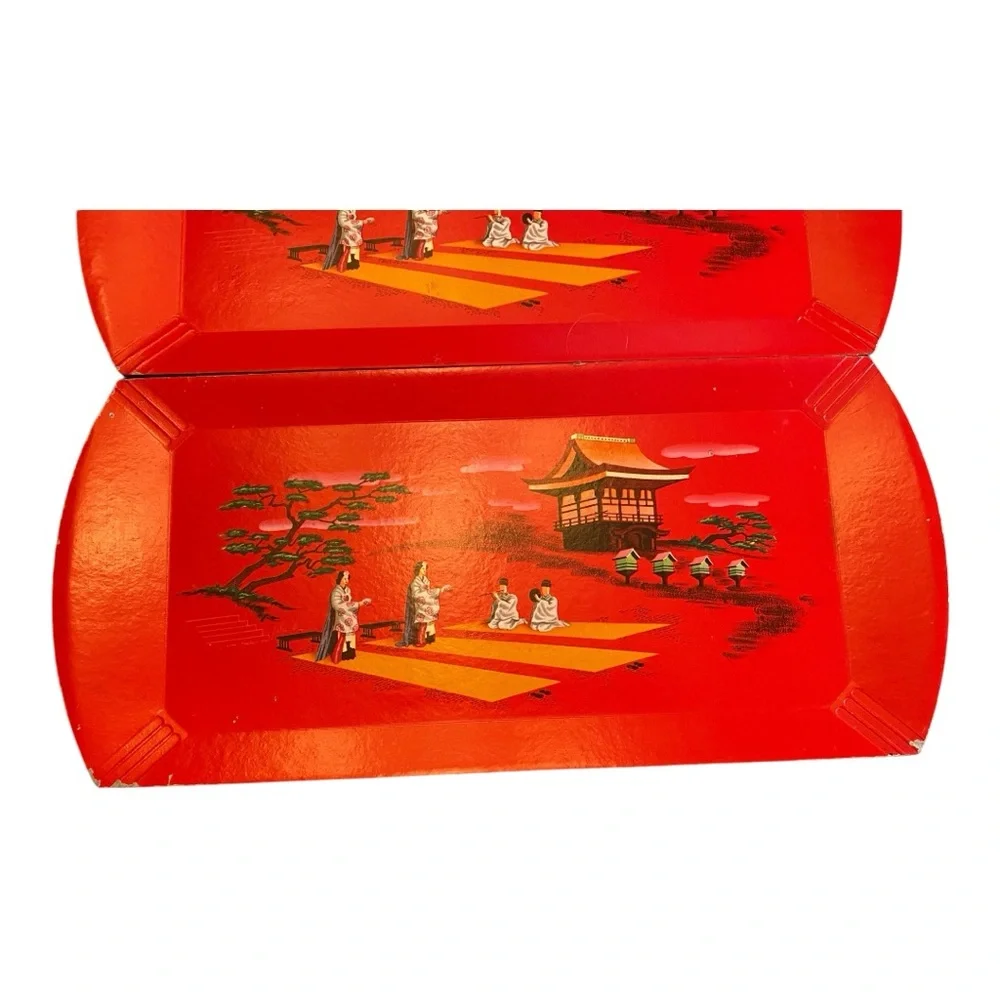 Vintage Hasko Deluxe Lap Trays Red Asian Pagoda Scene MCM Set of 4